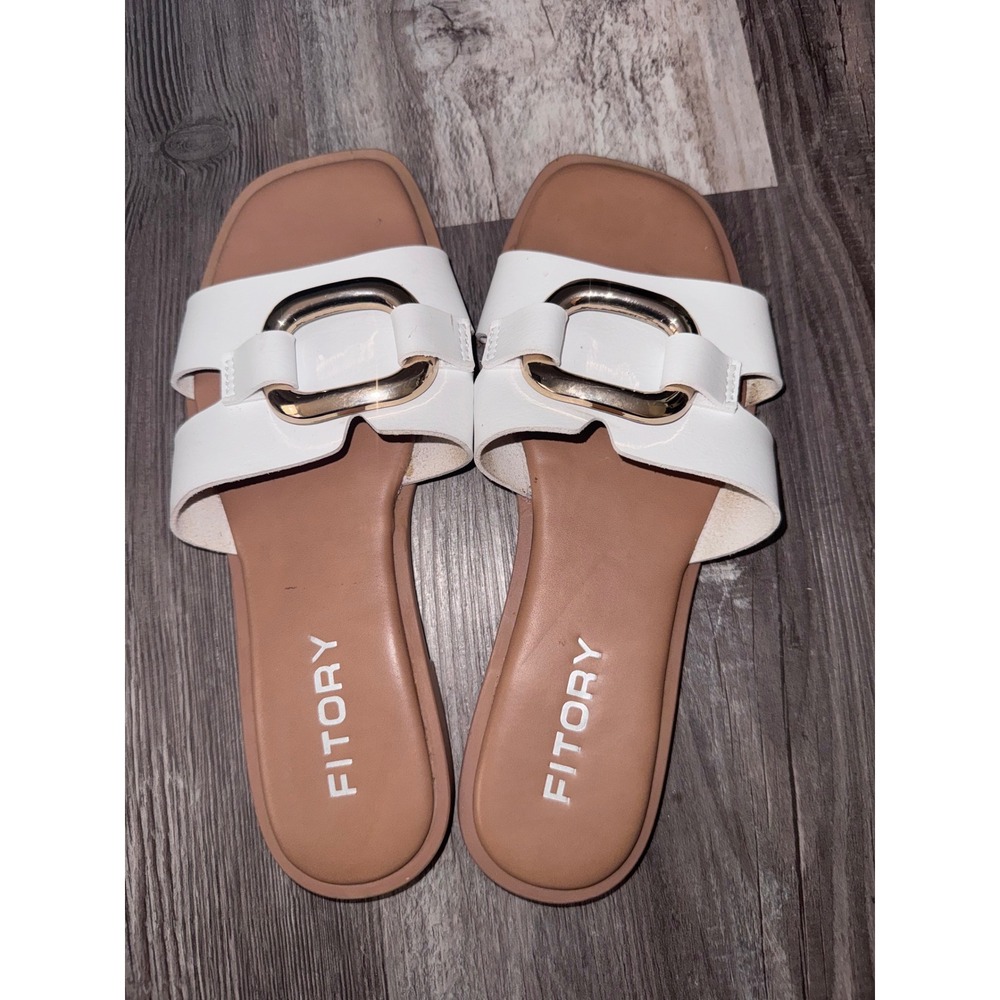 Fitory Womens Flat Slide Sandals White Gold Buckle Square Toe Slip On Size 8